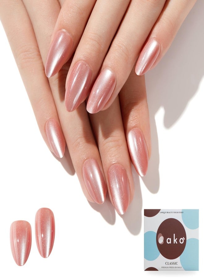 ako Almond Press On Nails Short | Glitter Cat Eye Nail Tips | Glossy Gel | Acrylic Reusable False Nails Press Ons | Nail Kit with 32 Fake Nails in16 Sizes, Adhesive Tabs & Prep Pad - Image 1